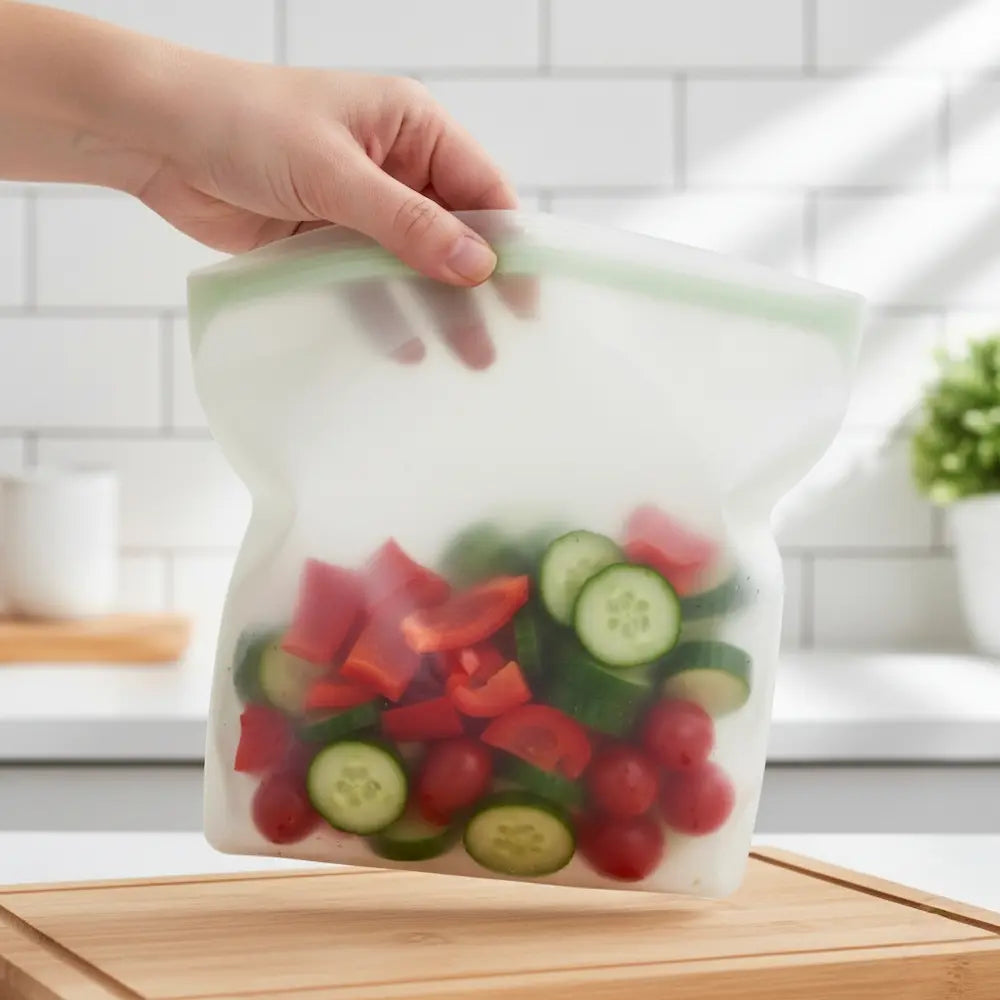 Reusable food storage alternatives arranged for everyday kitchen use