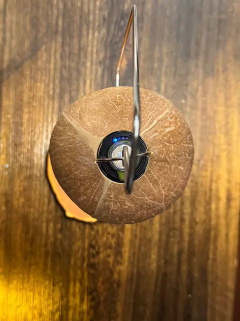 Top-down interior view of an Oakenark coconut shell lampshade with a USB rechargeable light source neatly fitted inside, showing blue indicator lights