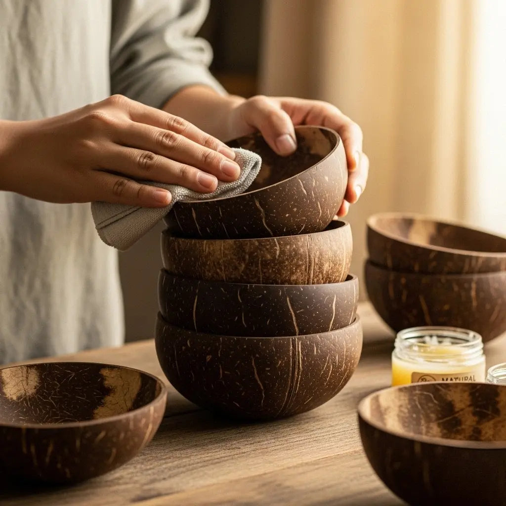 Hands applying coconut oil to a handcrafted coconut bowl on a wooden table