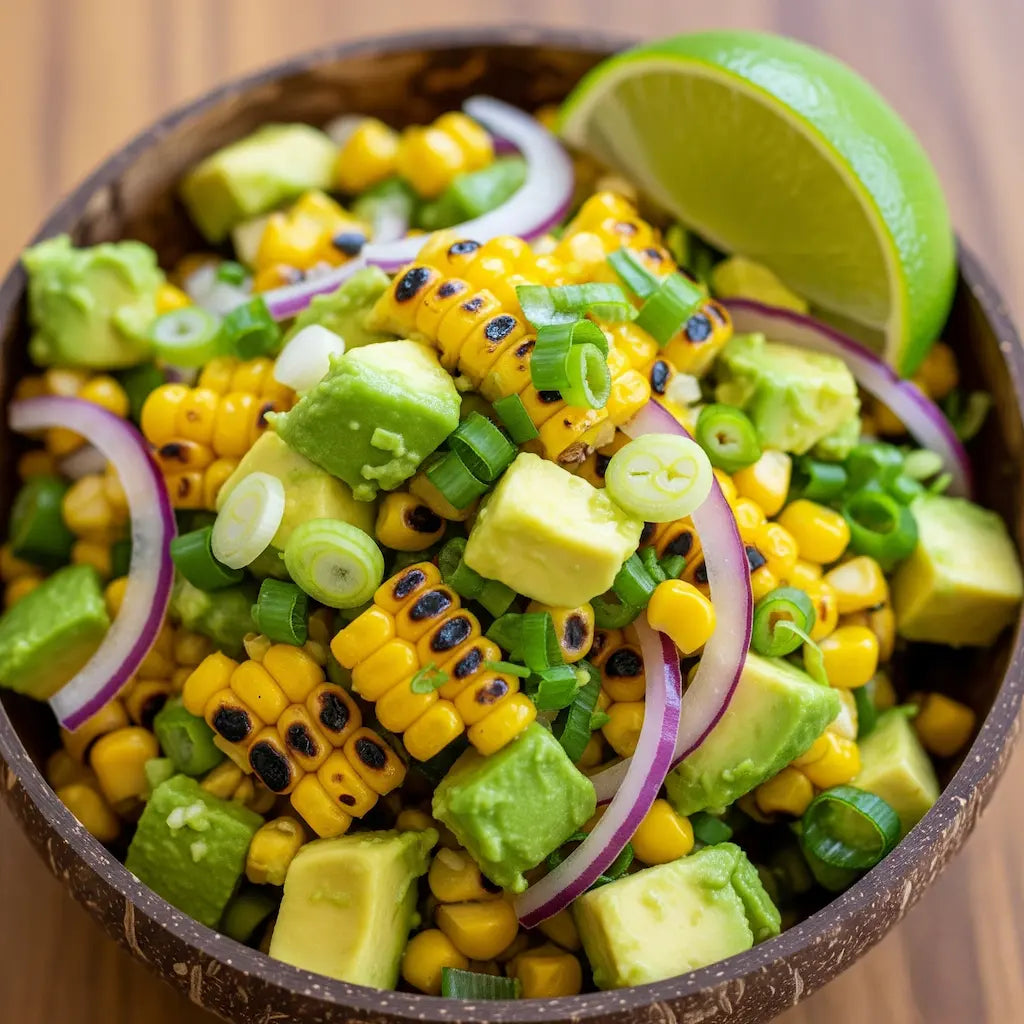 Vibrant Oakenark coconut bowl filled with a grilled corn and avocado salad, garnished with red onion, green onions, and a lime wedge