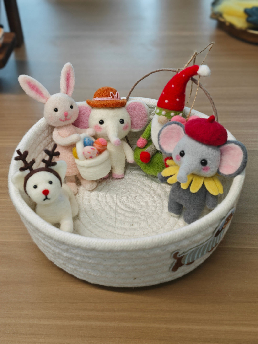 Handmade wool felt animal gifts including bear, cat, hamster, dog, owl, and fox characters