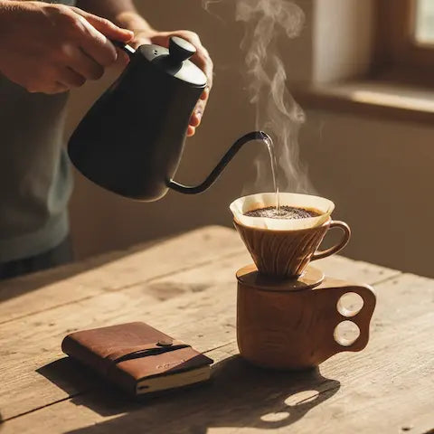 Hands pouring hot water over coffee beside a leather journal on a sunlit wooden table