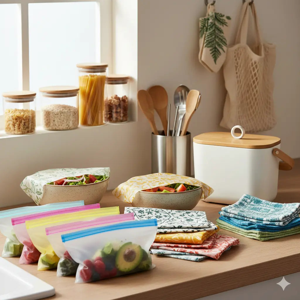 Reusable kitchen storage and cleaning items arranged as practical low-waste swaps