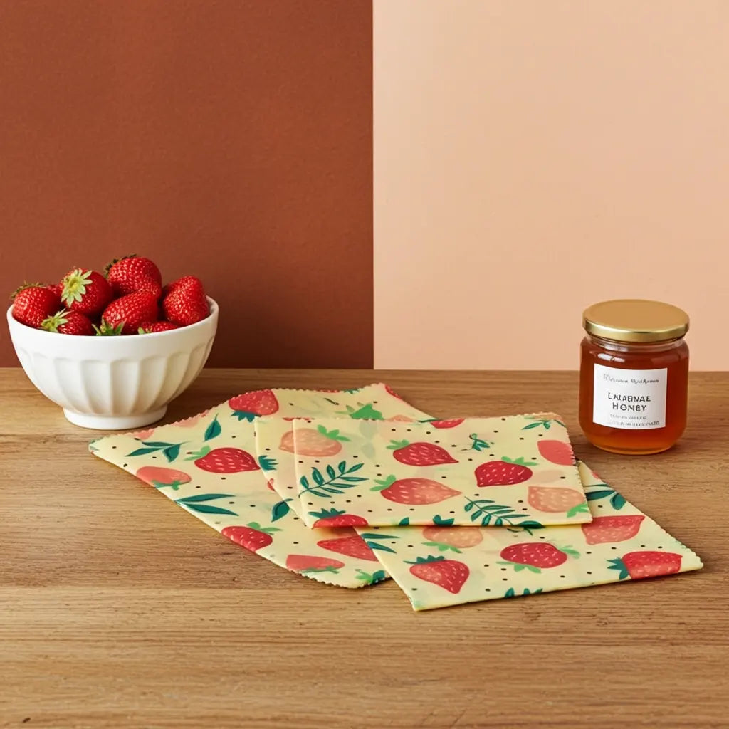 Reusable beeswax food wraps arranged for everyday kitchen food storage