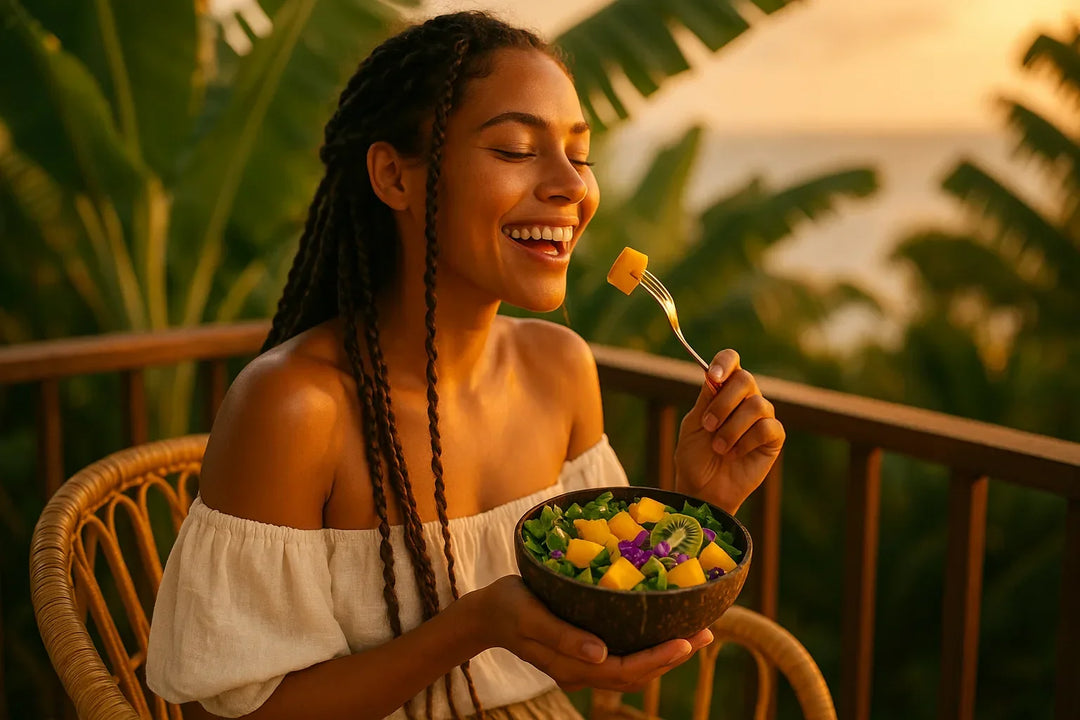 Woman eating from a coconut-shell bowl on a sunlit balcony