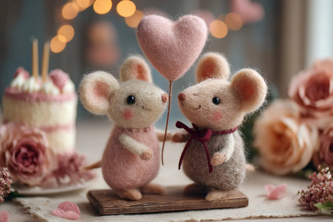 Wool felt mouse couple beneath a pink heart balloon, surrounded by roses and an anniversary cake