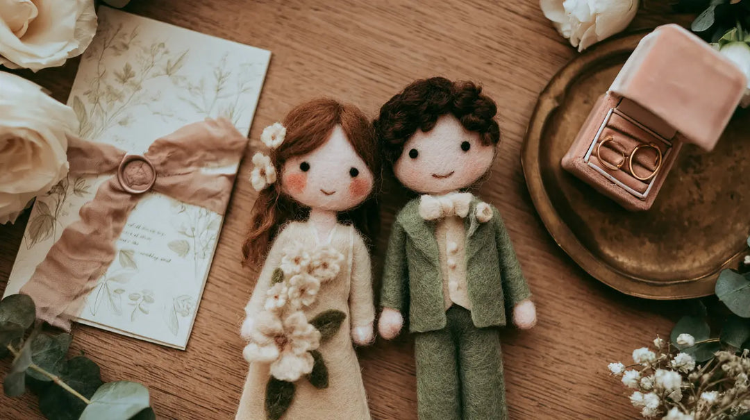 Wool felt bride and groom figurines beside a floral invitation, wedding rings and ivory roses on a wooden table.
