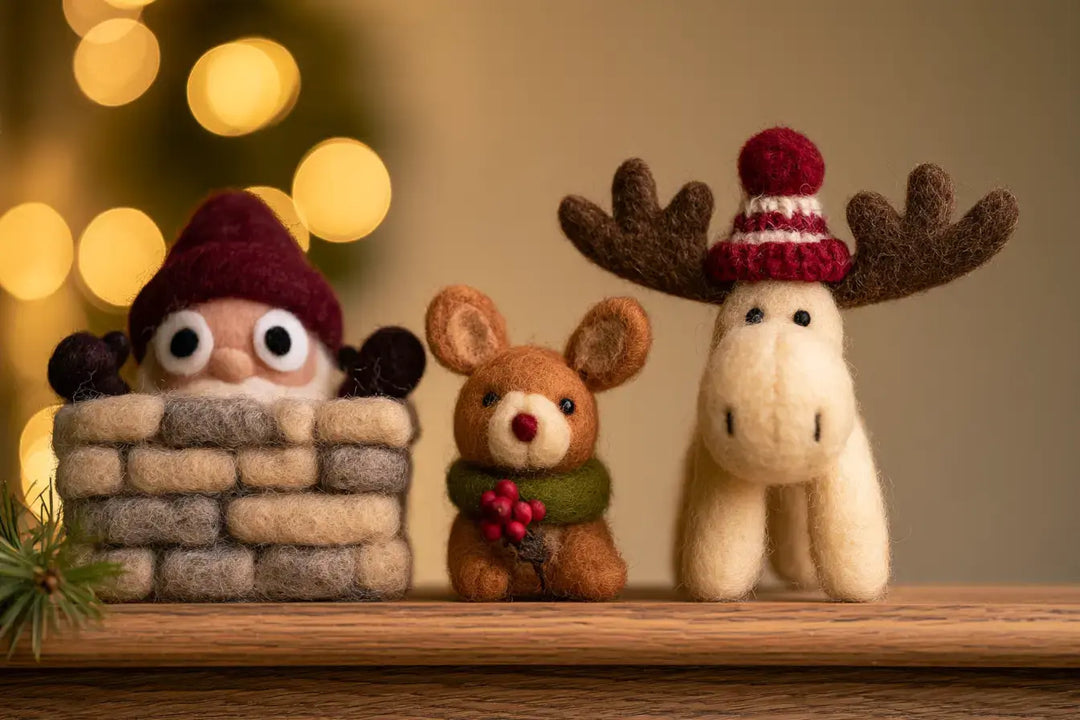 Handmade felt Christmas ornaments and figurines of Santa, a reindeer, and a moose arranged on a wooden mantel