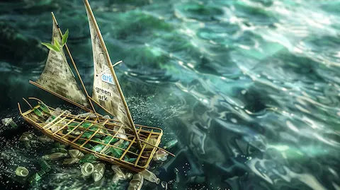 Surreal green ark carrying reusable household items across a sea of discarded products