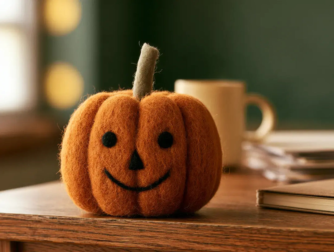 Handmade felt jack-o'-lantern figurine on a teacher's desk beside a coffee cup and a stack of papers
