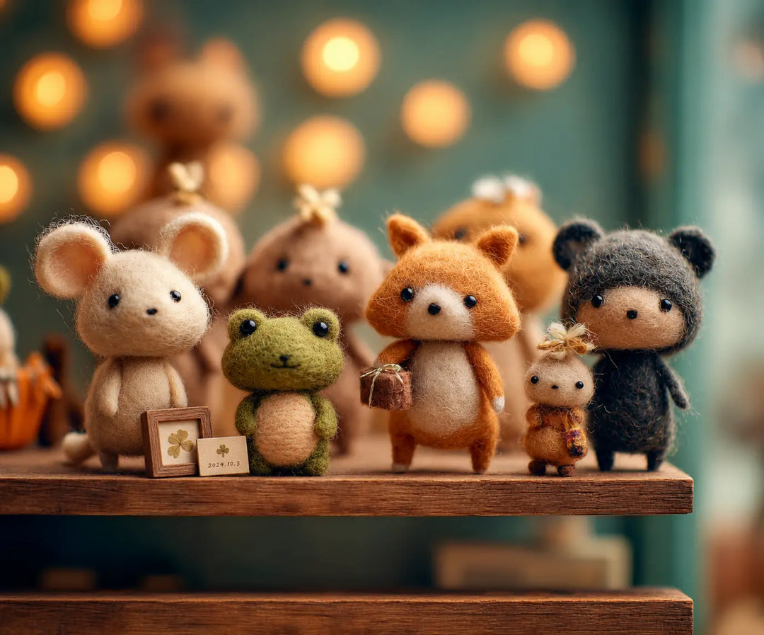 A collection of wool felt animal characters on a wooden shelf beside a small framed keepsake and dated card