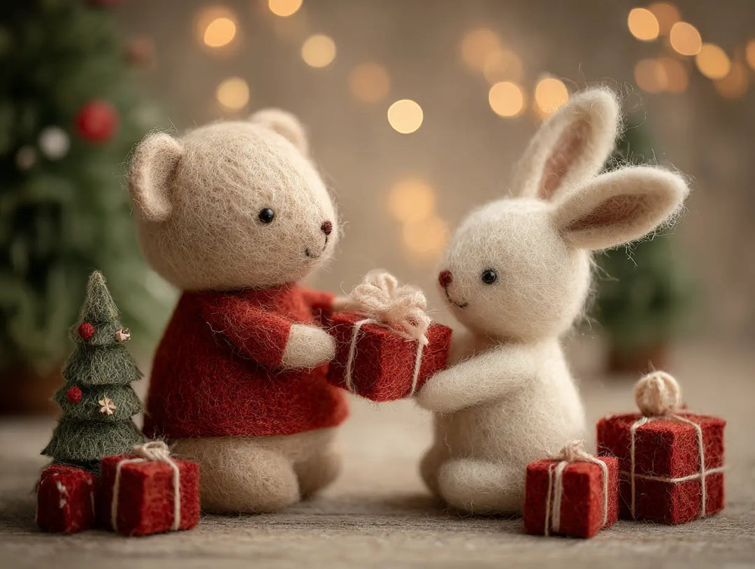 Handmade wool felt bear and bunny exchanging a red Christmas gift beside a felt tree