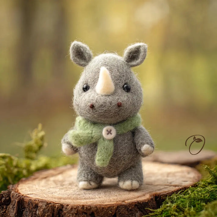 Front view of a gray felt rhino with an ivory horn, dark eyes and a sage green scarf with a cream button.