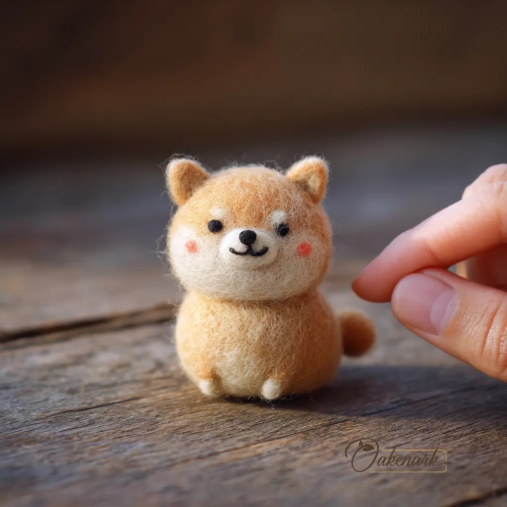 Small felted animal figurine resembling a fox on a wooden surface with a blurred background