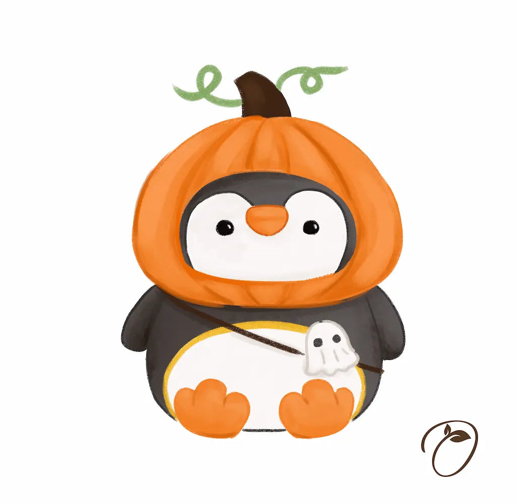 Original Pumpkin Rascal Penguin character sketch with pumpkin costume and ghost charm