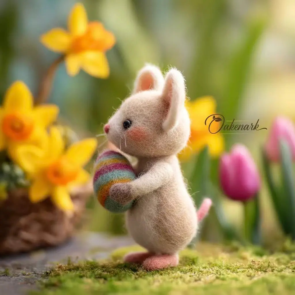 Felted bunny holding a colorful egg with flowers in the background