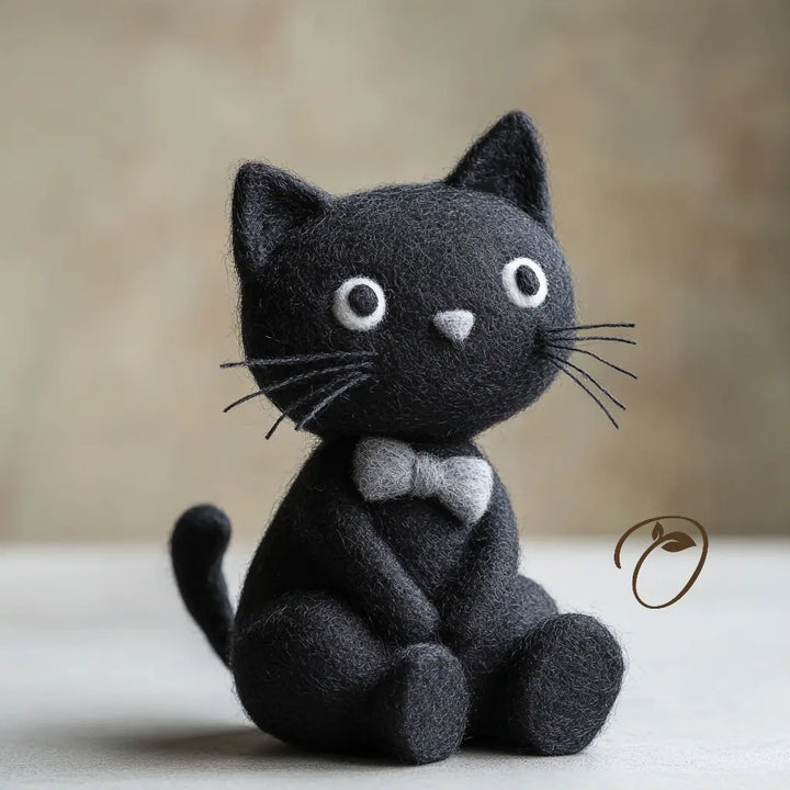 Seated black cat wool felt figurine with wide white-rimmed eyes, a grey bow tie and a curved tail