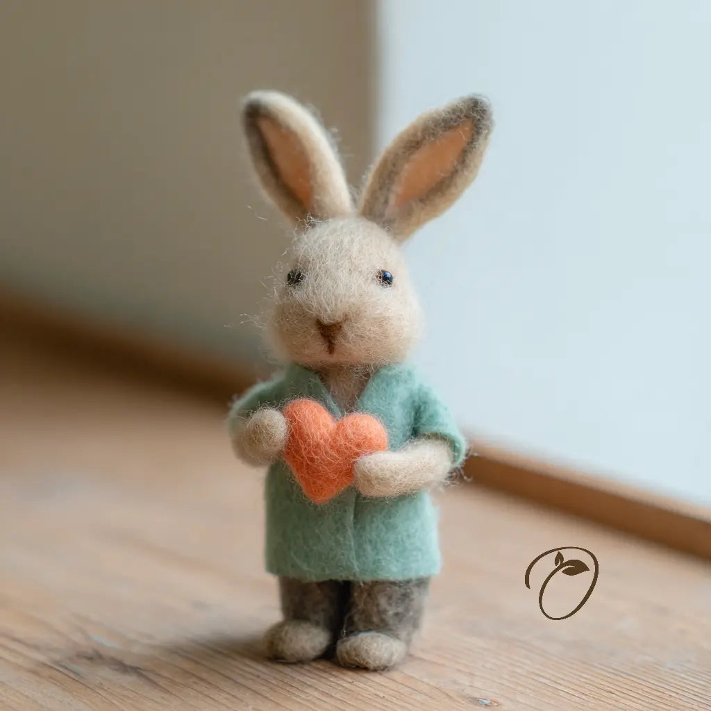 Front view of a felt nurse rabbit in a mint uniform top and gray trousers, holding a coral heart, with upright ears and softly shaded ear edges.