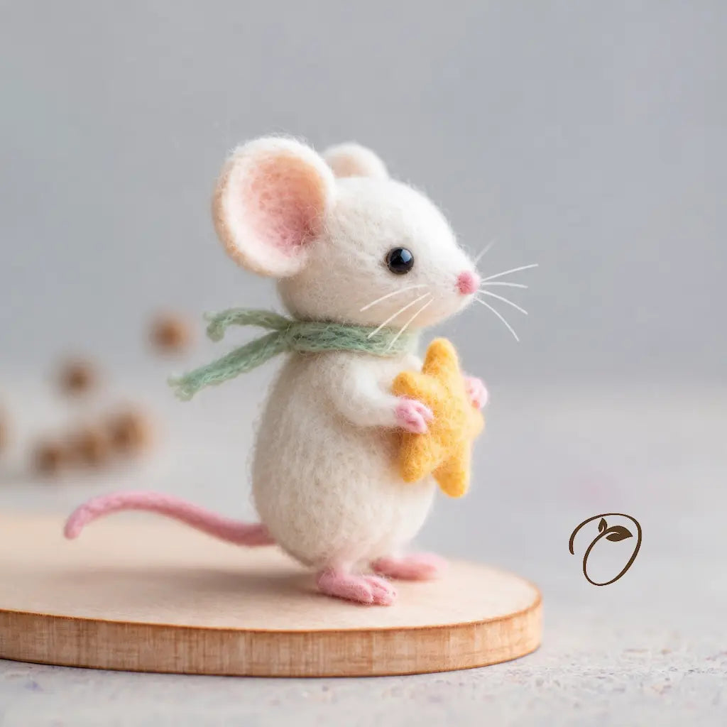 Side view of a felt mouse hugging a yellow star, showing its sage-green scarf, fine white whiskers, pink feet, and curved tail.