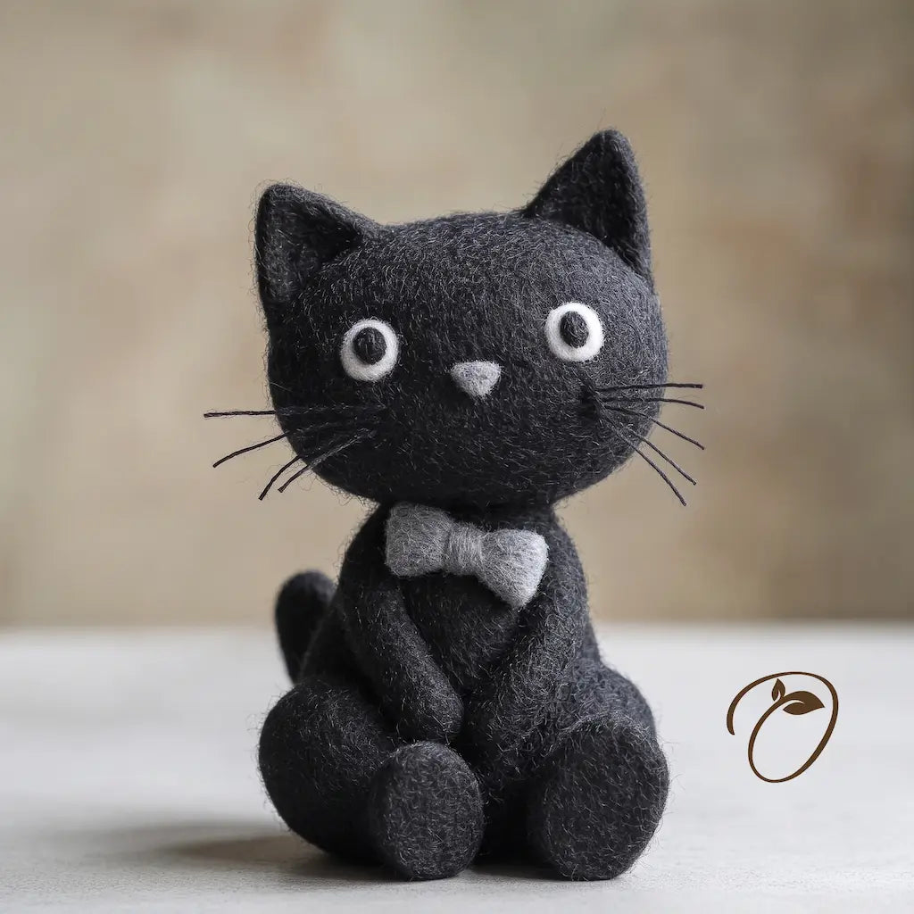 Front detail of black cat felt figurine showing wool eyes, a grey nose, bow tie and fine whiskers