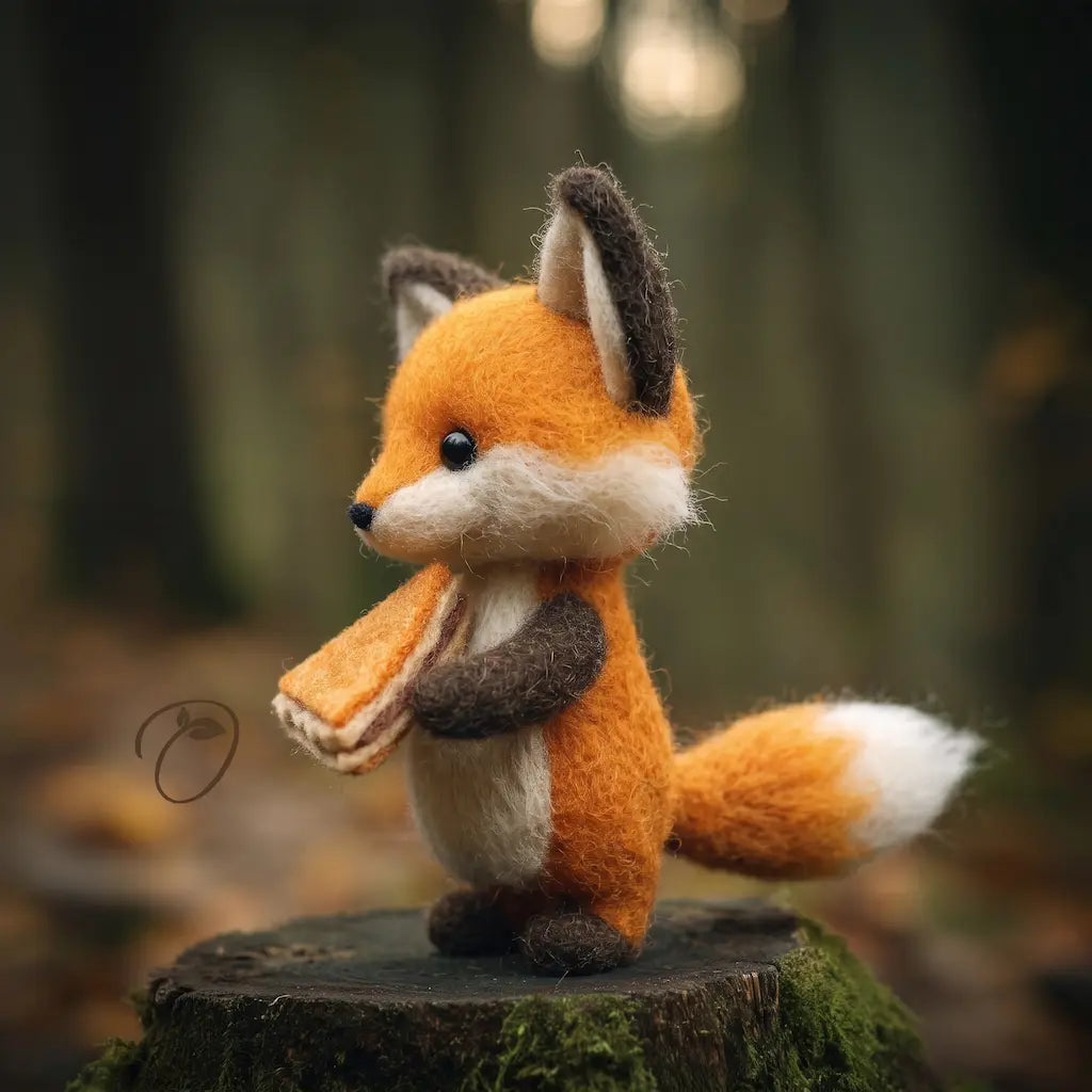 side.webpSide view of a felt fox holding pie, showing its pointed muzzle, cream chest, layered crust, and bushy tail.