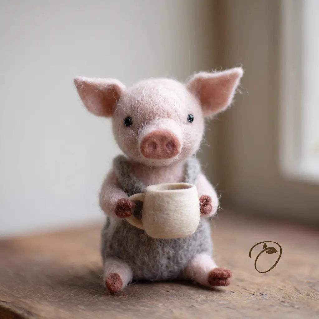 Front view of a pink felt piglet in gray overalls, holding a cream-colored mug in both front hooves.