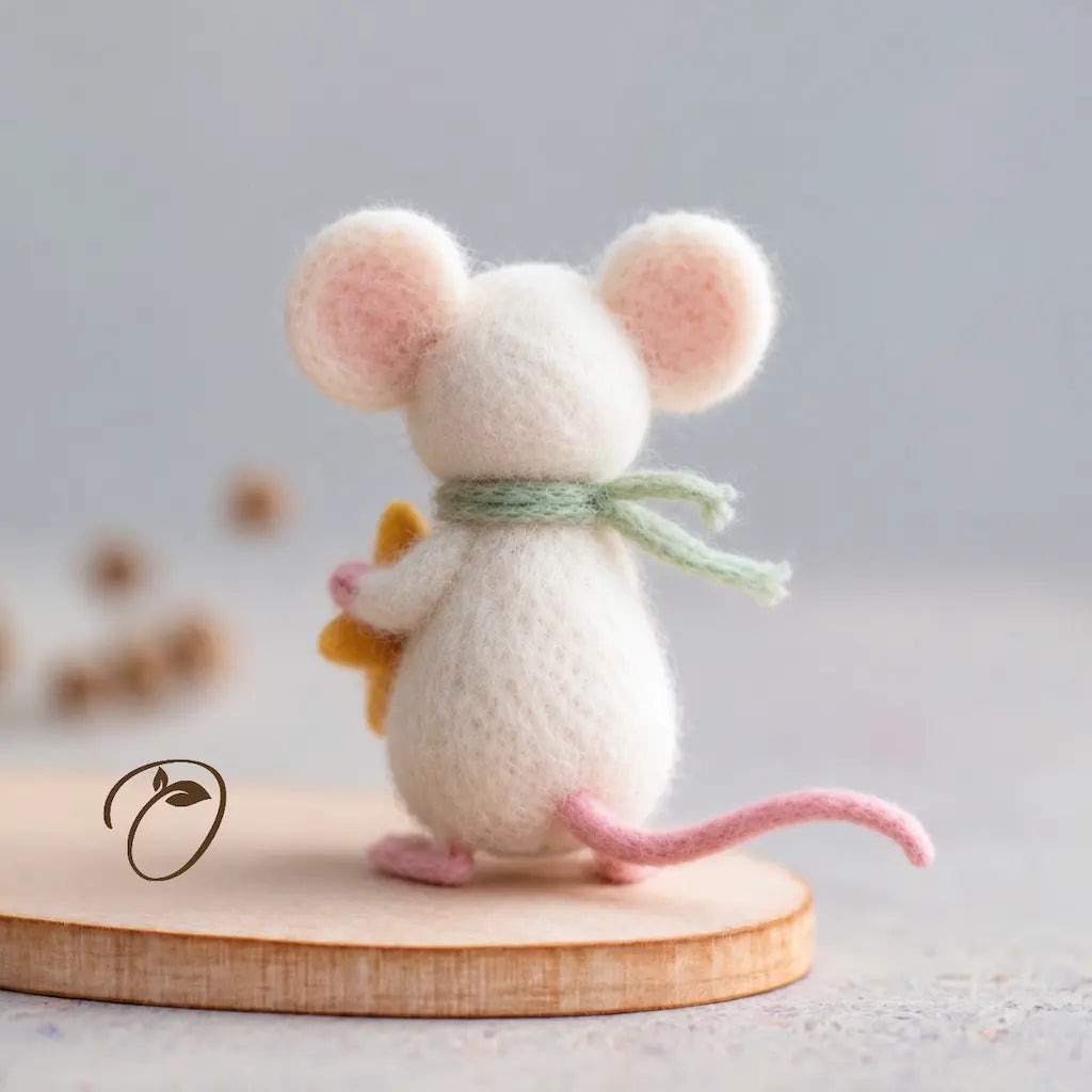 Back view of an ivory felt mouse with round pink-lined ears, a tied sage-green scarf, a curved pink tail, and small pink feet.