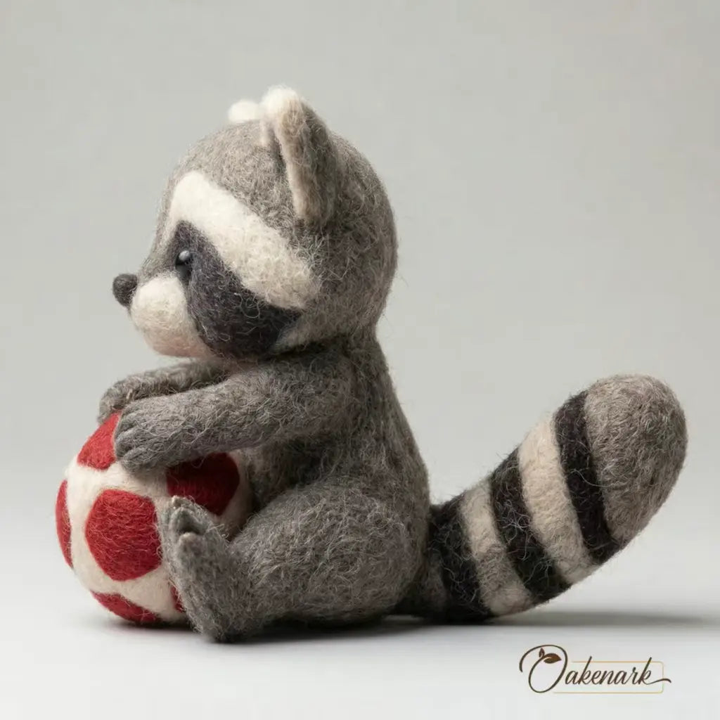 Stuffed animal raccoon holding a red and white ball on a gray background