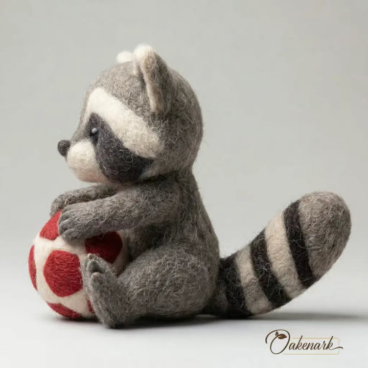 Stuffed animal raccoon holding a red and white ball on a gray background