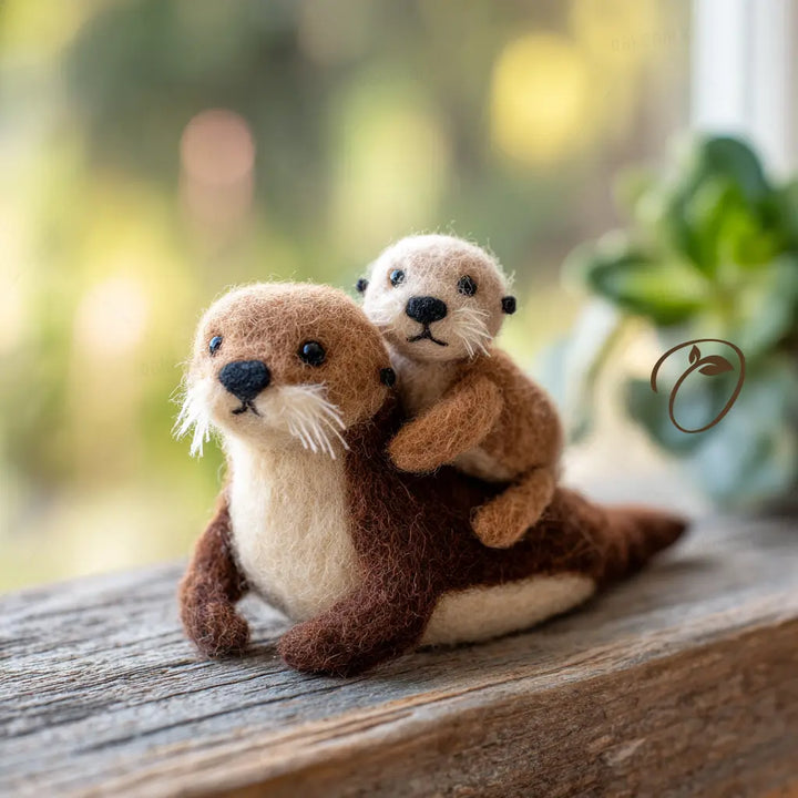 Two plush otters sitting on a wooden surface with a blurred natural background