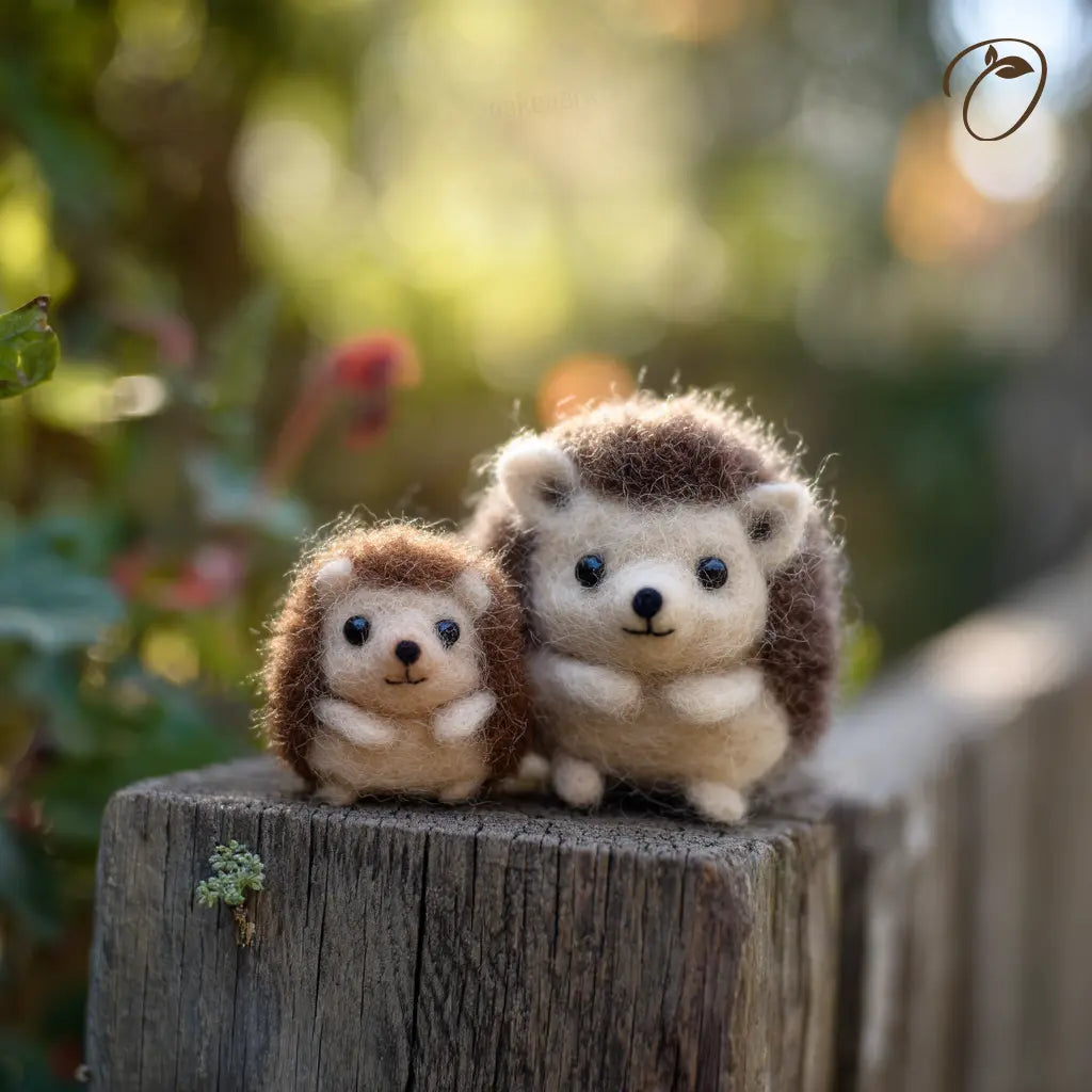 Two plush hedgehogs sitting on a wooden log with a blurred natural background
