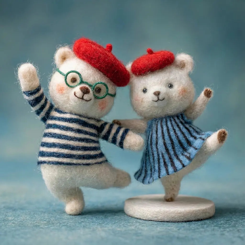 Two teddy bears in striped outfits and red hats on a blue background
