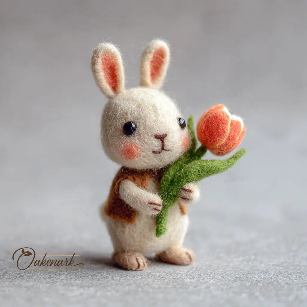 Felted rabbit toy holding a tulip on a gray background