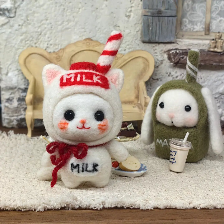 Milk Carton Cat felt figurine with Matcha Bunny and miniature cafe drink in the background