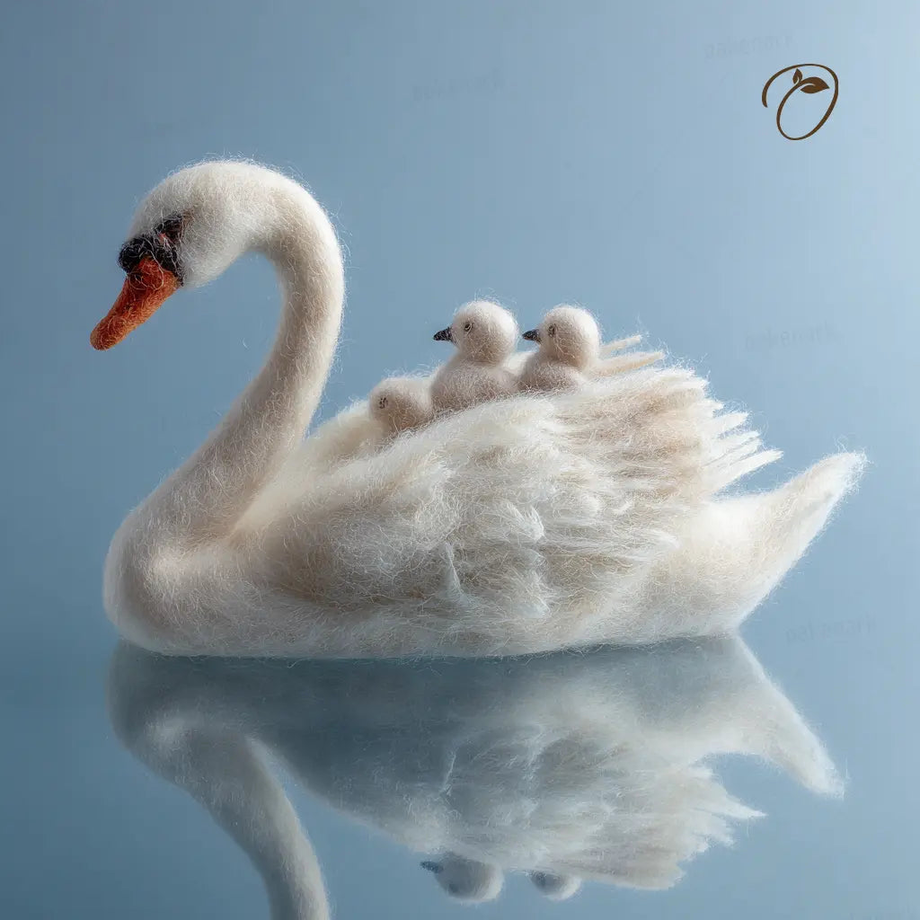 Mother swan with her two cygnets on a reflective water surface with a blue background