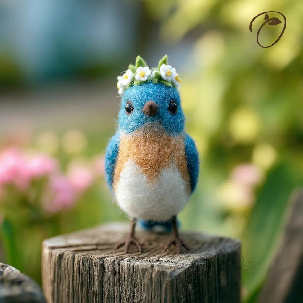 Felted blue bird figurine with a flower crown on a wooden post against a blurred natural background