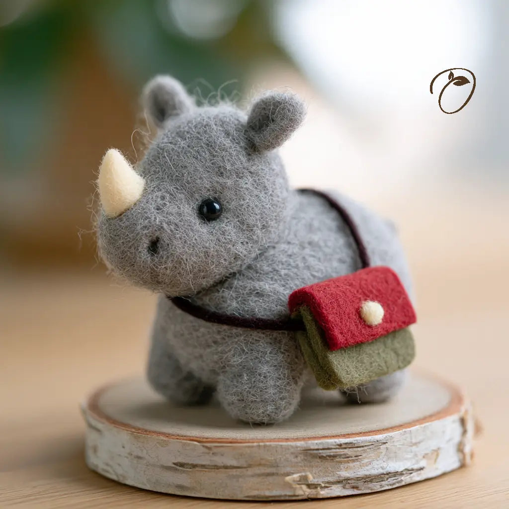 Three-quarter view of a gray felt rhino showing its cream horn and olive-green satchel with a burgundy flap and dark strap.