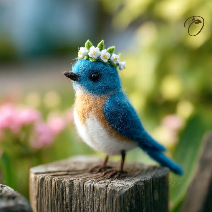 Blue bird figurine with a flower crown on a wooden post with a blurred natural background