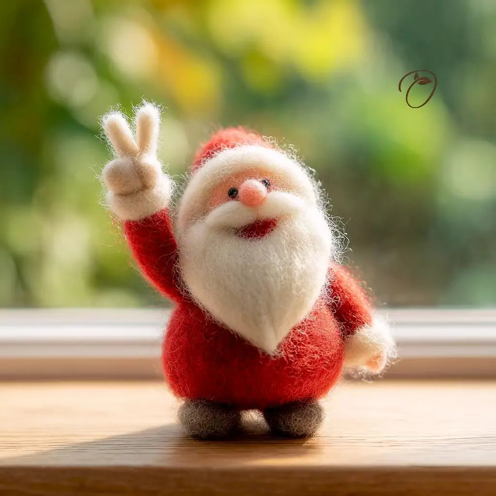 Felted Santa Claus figurine making a peace sign on a wooden surface with a blurred green background