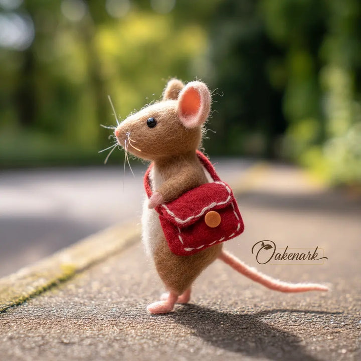 Felted mouse with a red bag on a blurred natural background
