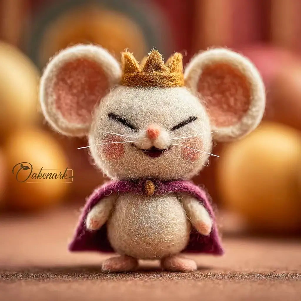 Stuffed mouse toy with a crown and cape on a blurred background