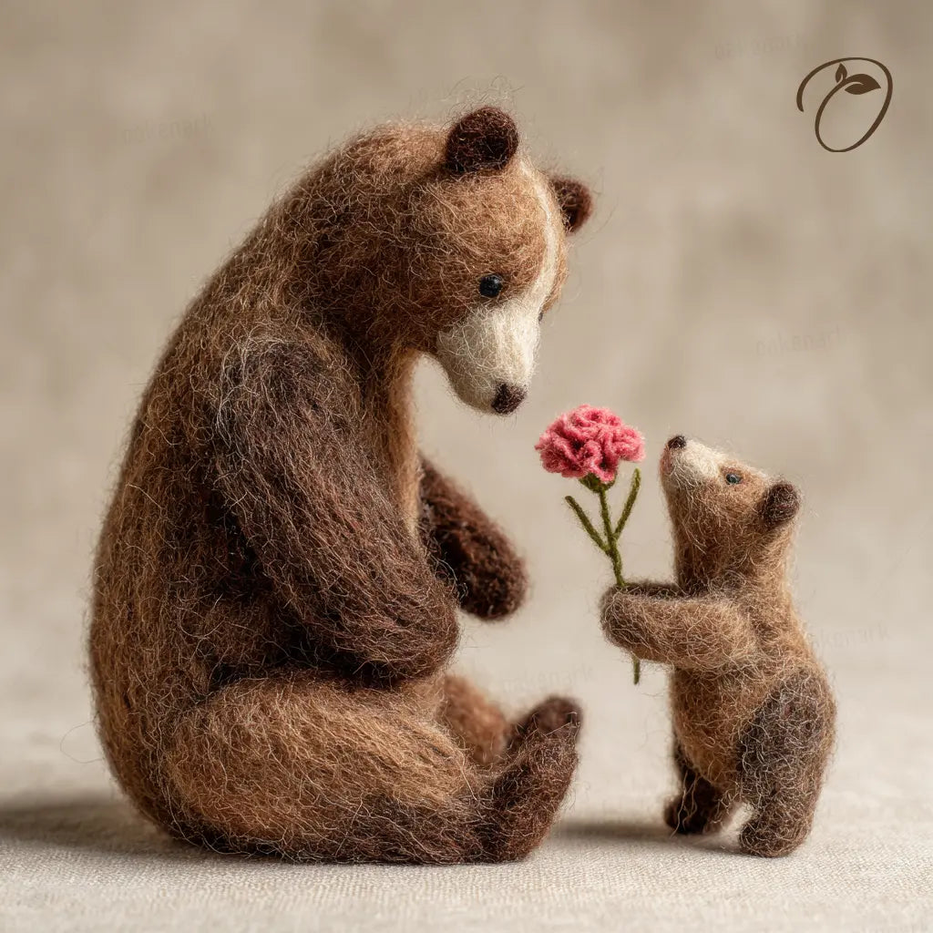 Two brown bears, one holding a pink flower, on a neutral background