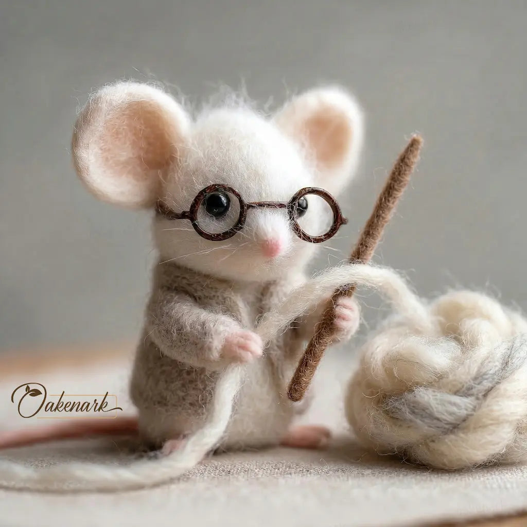 Felted mouse toy with glasses and yarn on a neutral background