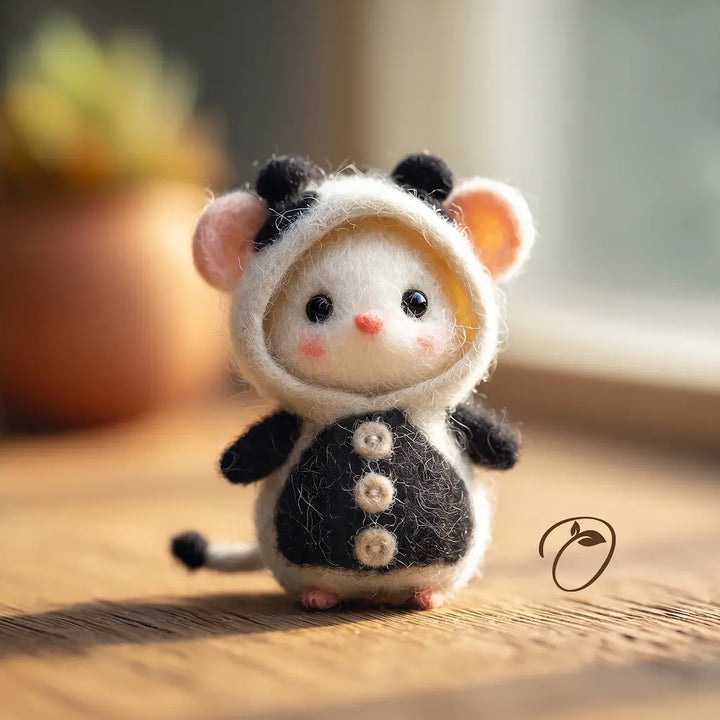 A small felted wool mouse figurine wearing a black-and-white cow-print hooded outfit with pink inner ears and a pink nose, standing on a wooden surface in soft natural light.