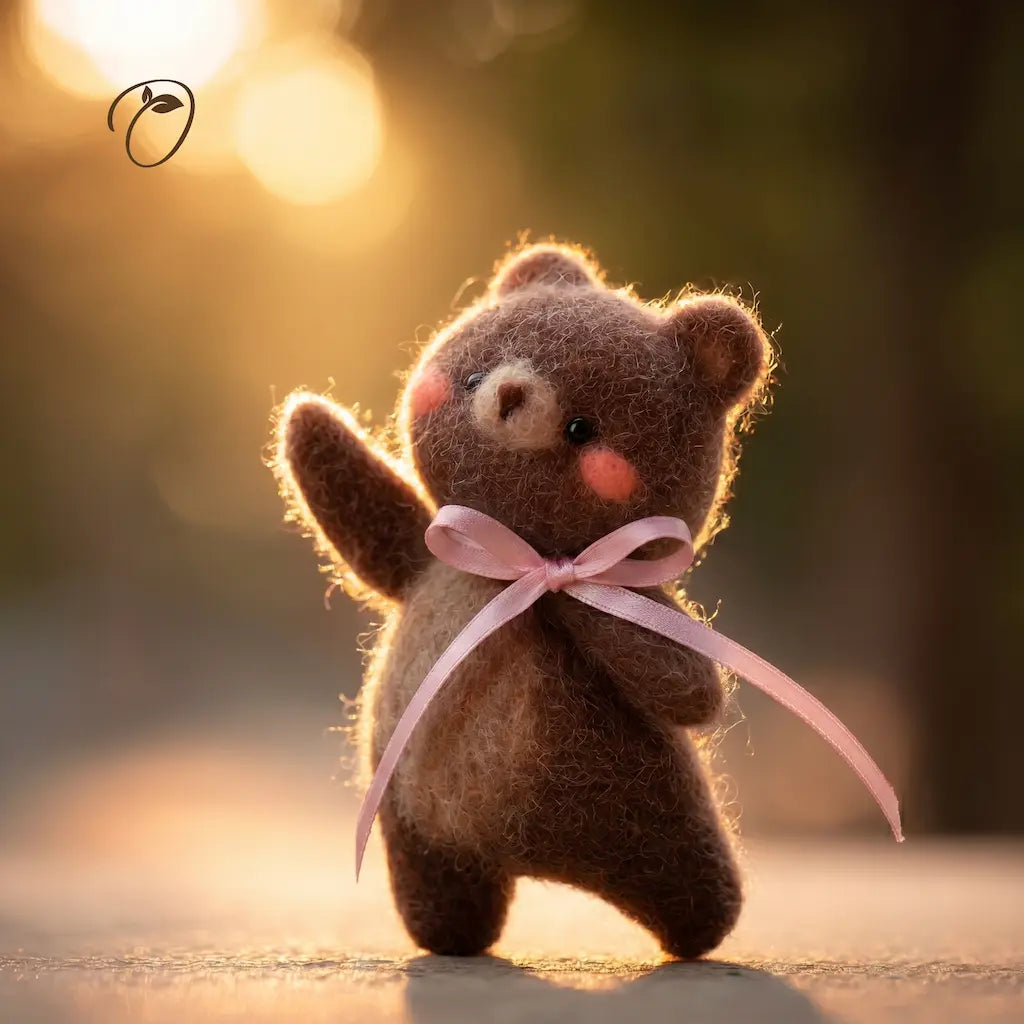 Teddy bear with a pink ribbon in a warm, blurred outdoor setting