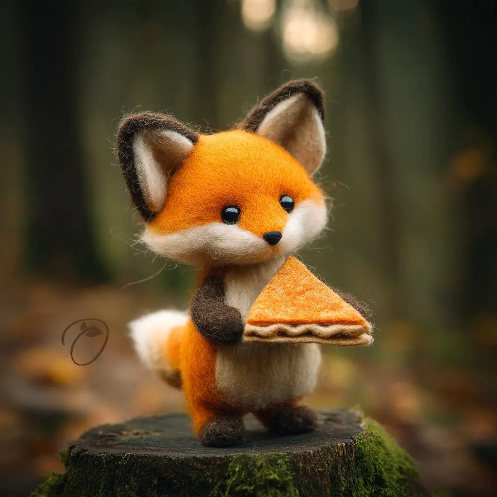 Orange wool felt fox holding a golden pie slice, with cream cheeks, dark paws, and a white-tipped tail.