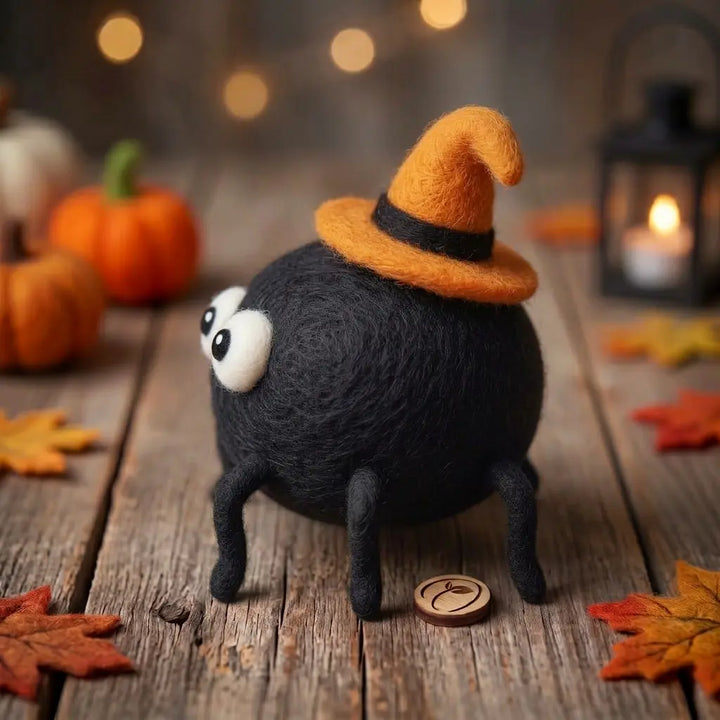Side view of Midnight Spider wool felt figurine with an orange witch hat, black hatband and bent legs