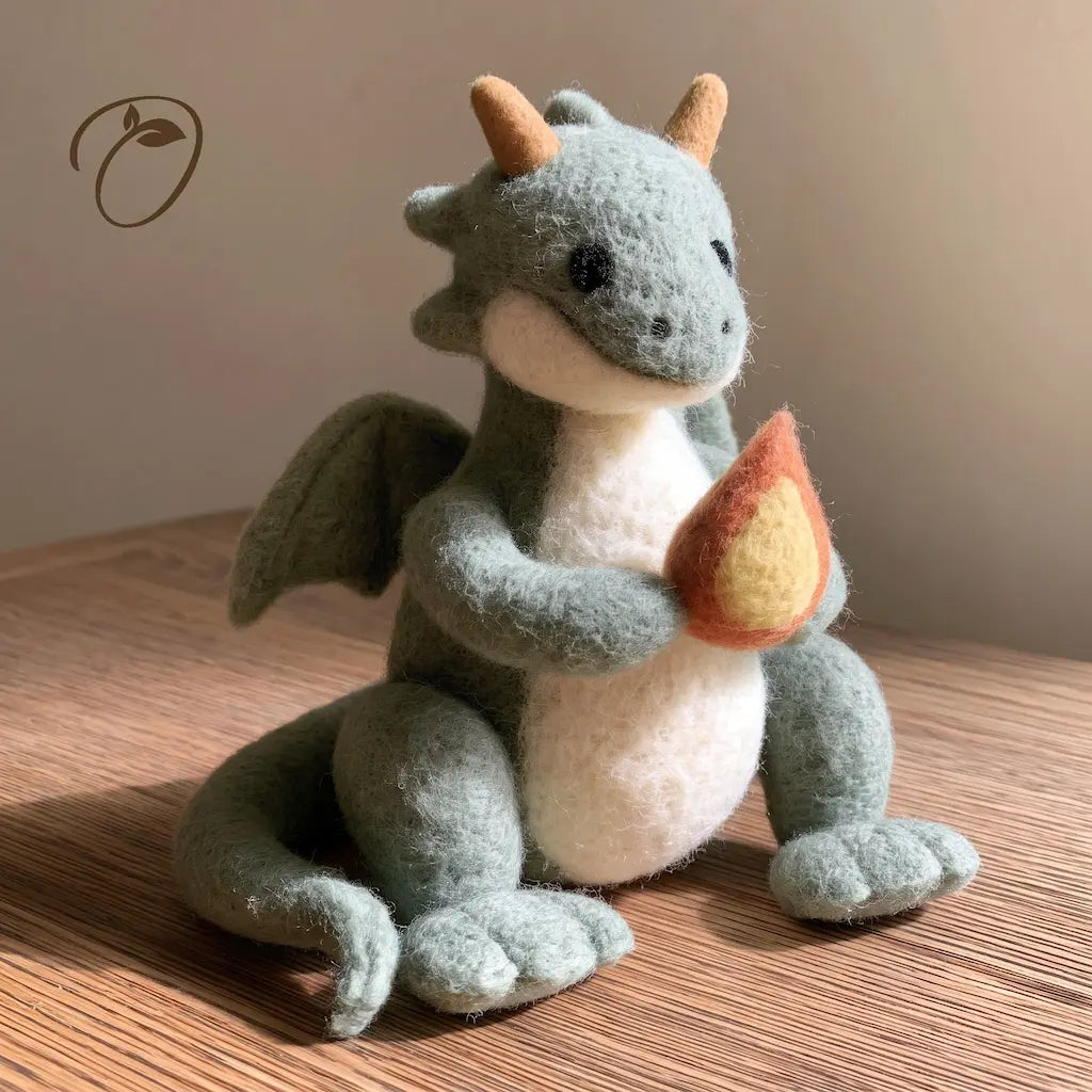 Three-quarter view of a wool felt dragon with tan horns, black eyes, a cream belly and a tiny flame held between its arms.