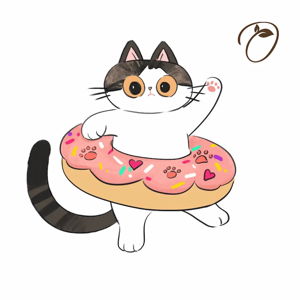 Original Donut Drifter Cat character sketch with pink donut and paw-print details