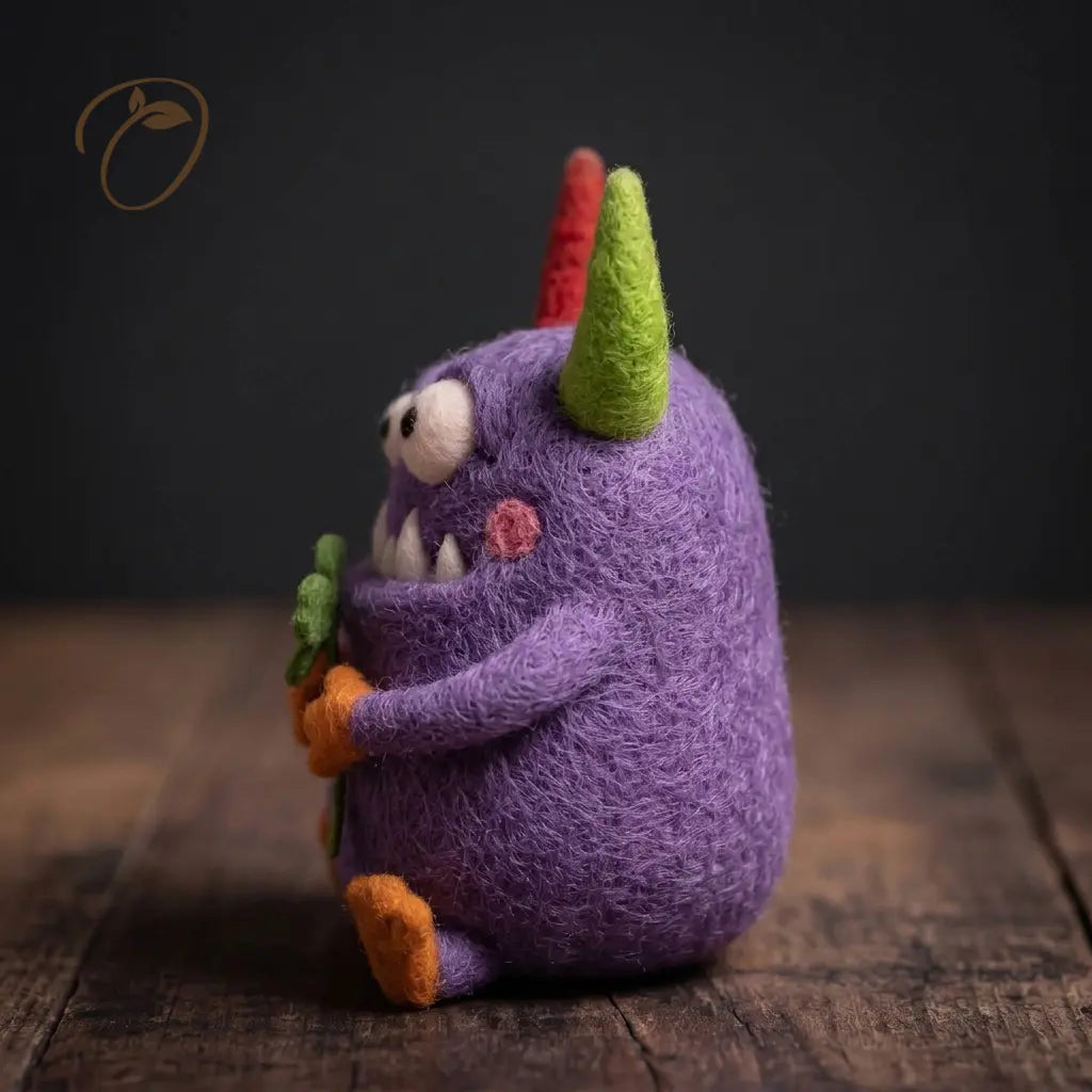 Side view of Clover Monster felt figurine showing its raised eyes, green horn, orange feet and four-leaf clover